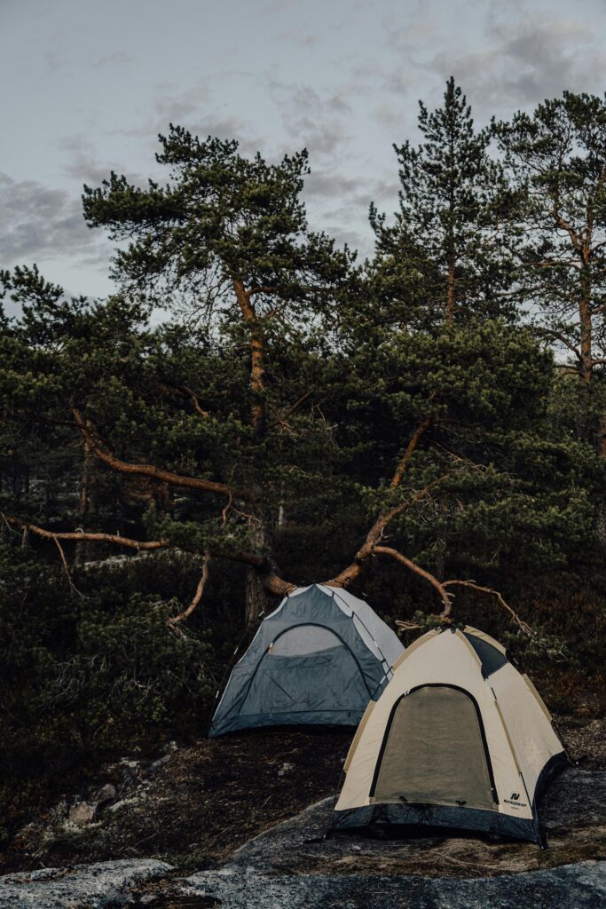 Two tents nestled in the serene forest of Ruskeala, Karelia, perfect for an outdoor adventure.